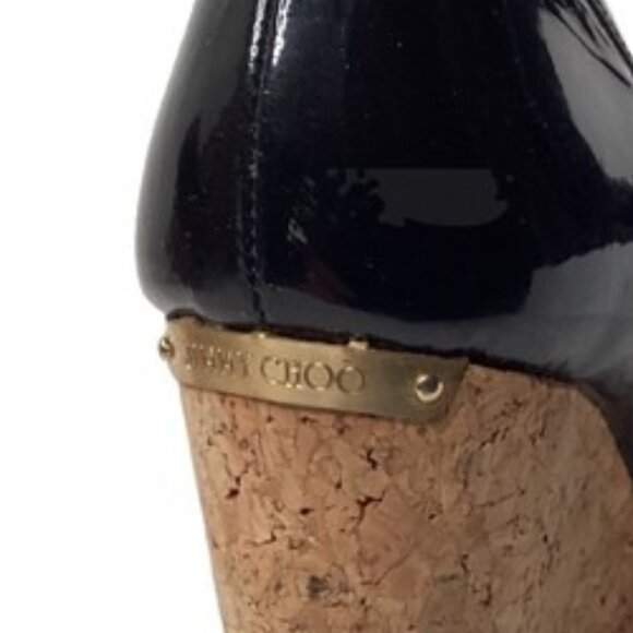 Jimmy Choo Black Patent Cork Wedge Peep Toe Heels Shoes 38.5 EU / US 8.5 - Picture 7 of 8